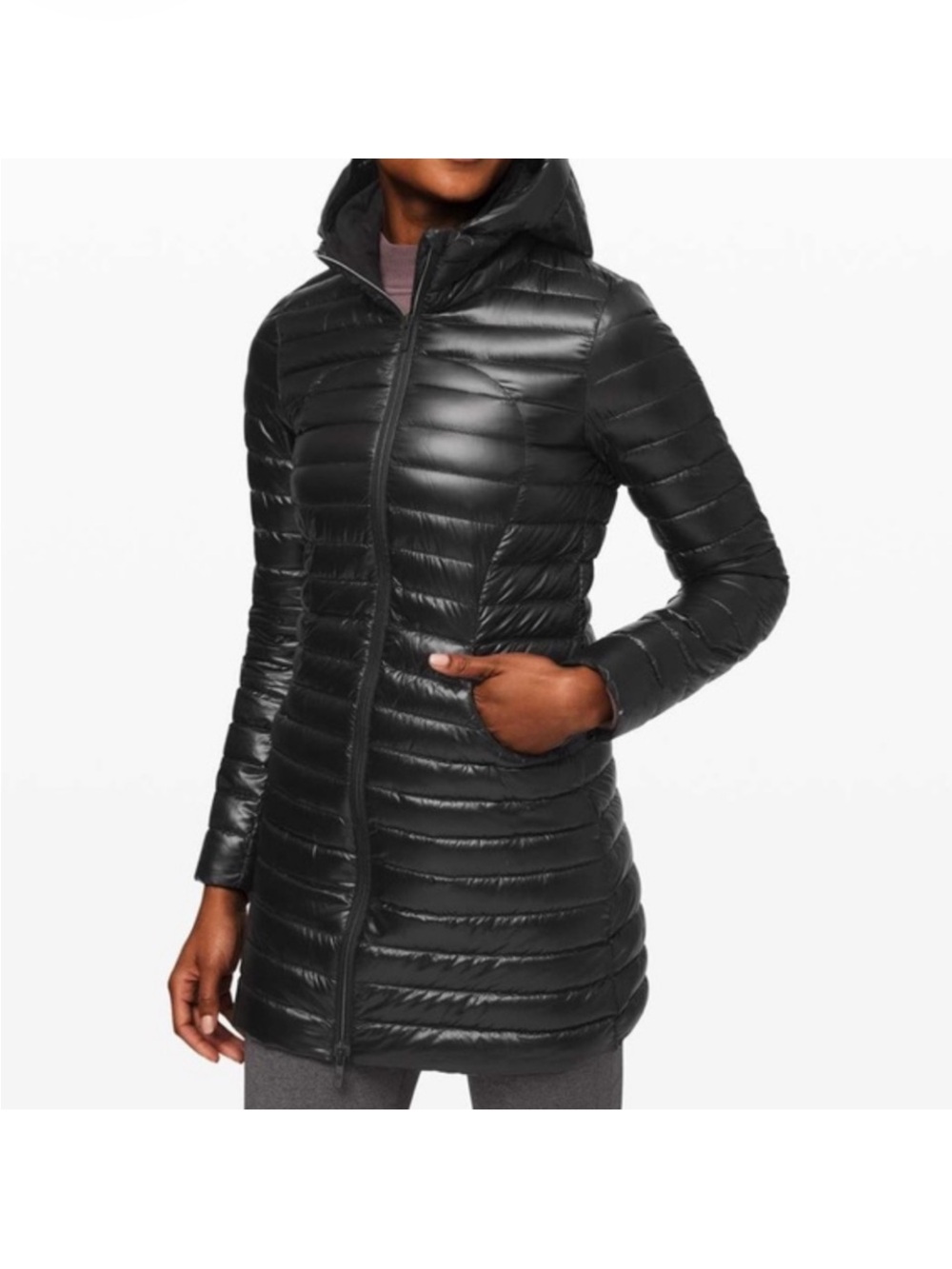 Lululemon packable Black Hooded Lightweight Puffer Coat mid length fitted 6